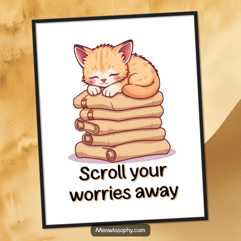 Funny Free Printable Wall Art: A contentedly sleepy kitten rests atop a stack of ancient scrolls, embodying calm and quietude.