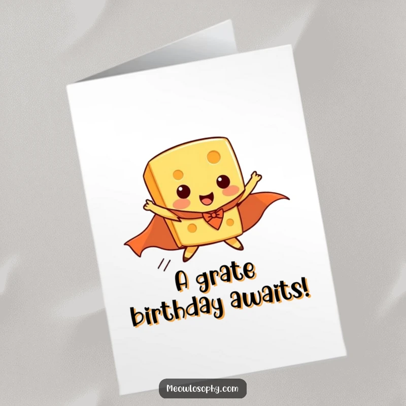 Funny Free Printable Birthday Card: A piece of cheese in a superhero cape hilariously tries to fly.