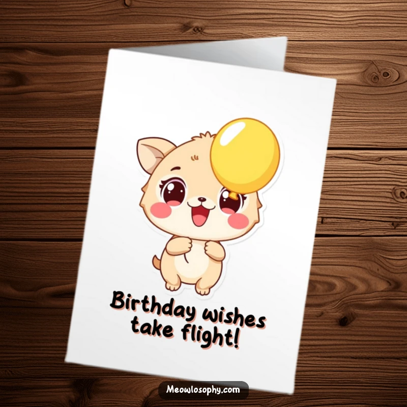 Funny free printable birthday card featuring an animal with wide, excited eyes, happily holding a large, brightly colored balloon.