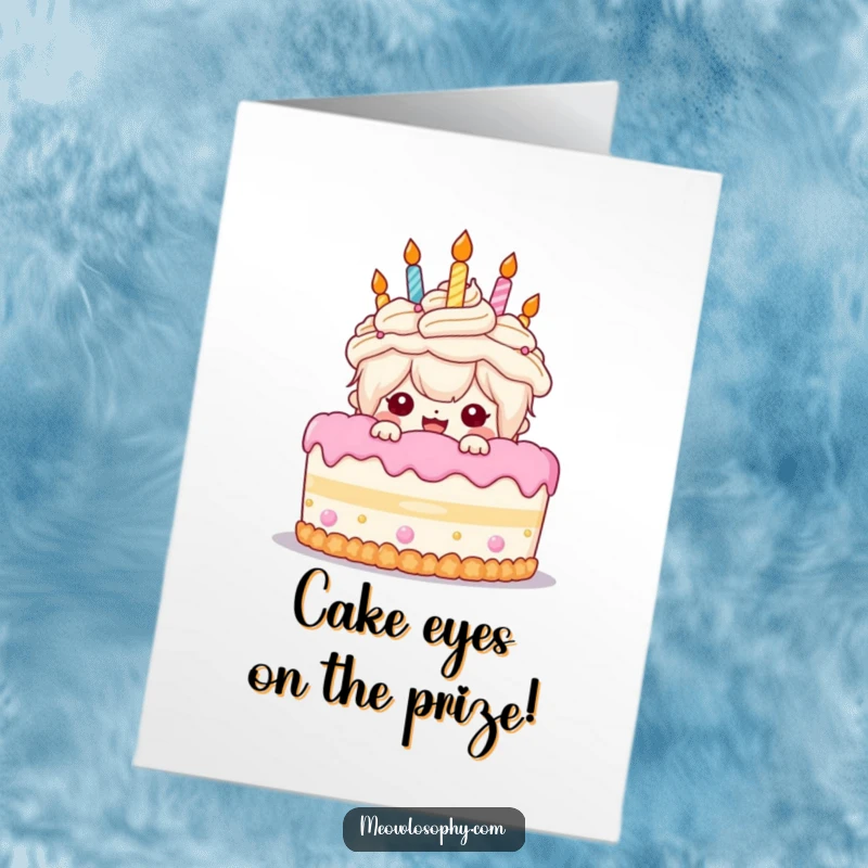 Funny Free Printable Birthday Card of a character peeking gleefully from behind a giant cake, downloadable art.