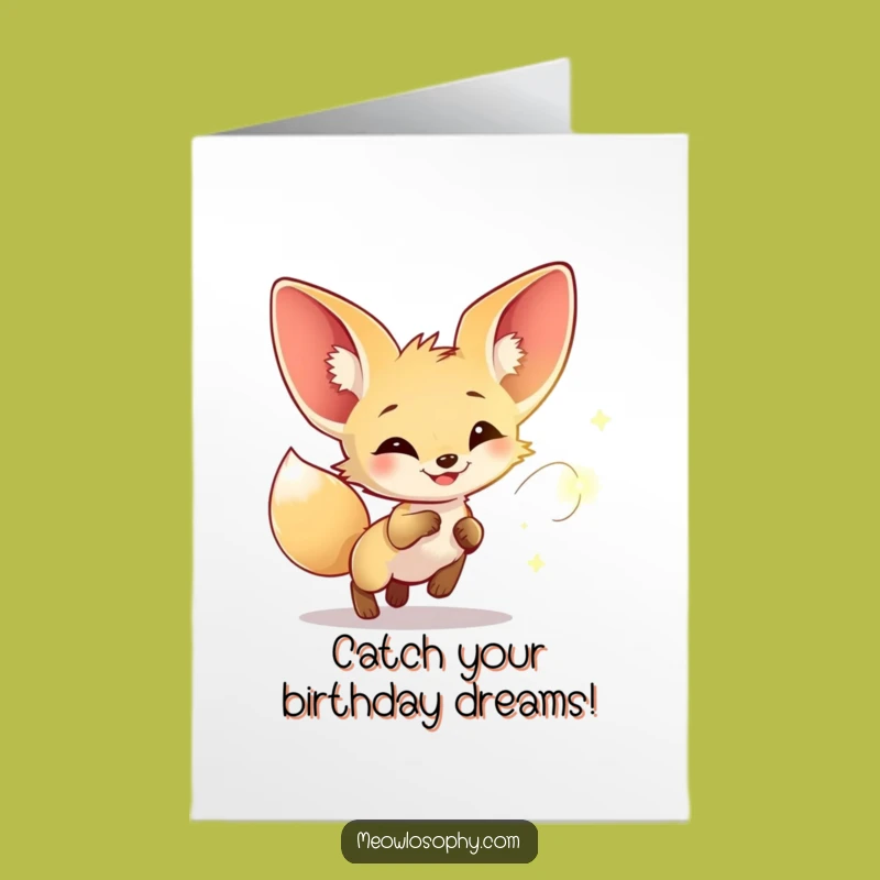 Free Printable Birthday Card: Joyful Fennec Fox Firefly Chase Downloadable Gift