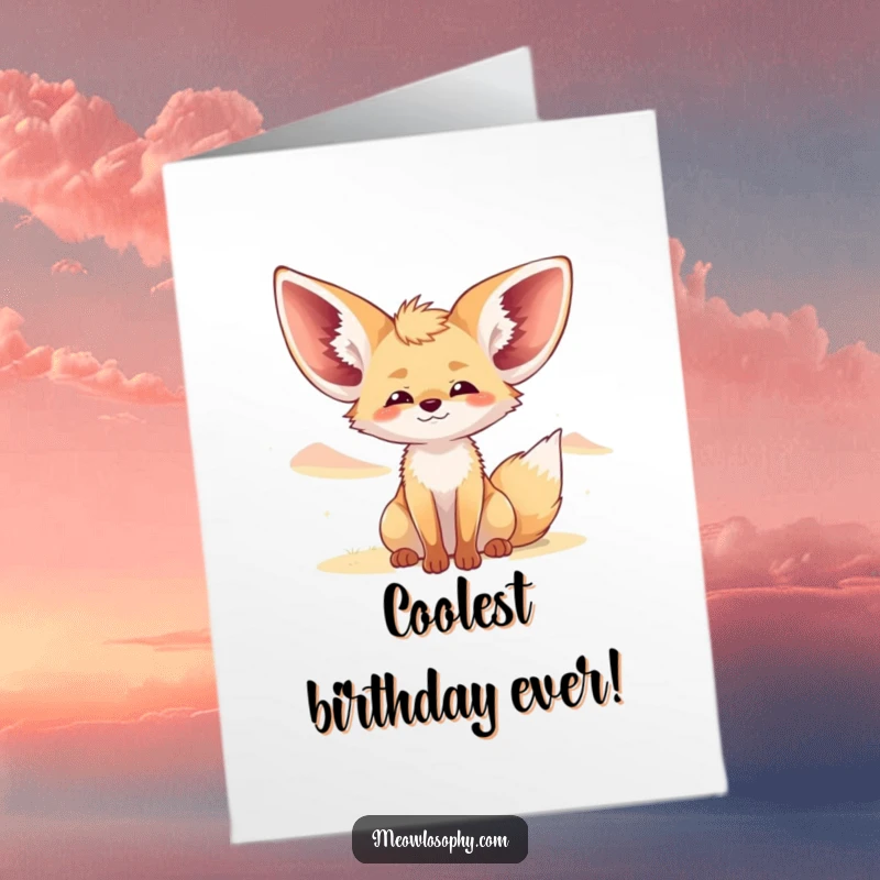 Funny Free Printable Fennec Fox Birthday Card: Fox enjoying a cool desert breeze with ears spread wide. Relaxing downloadable gift.