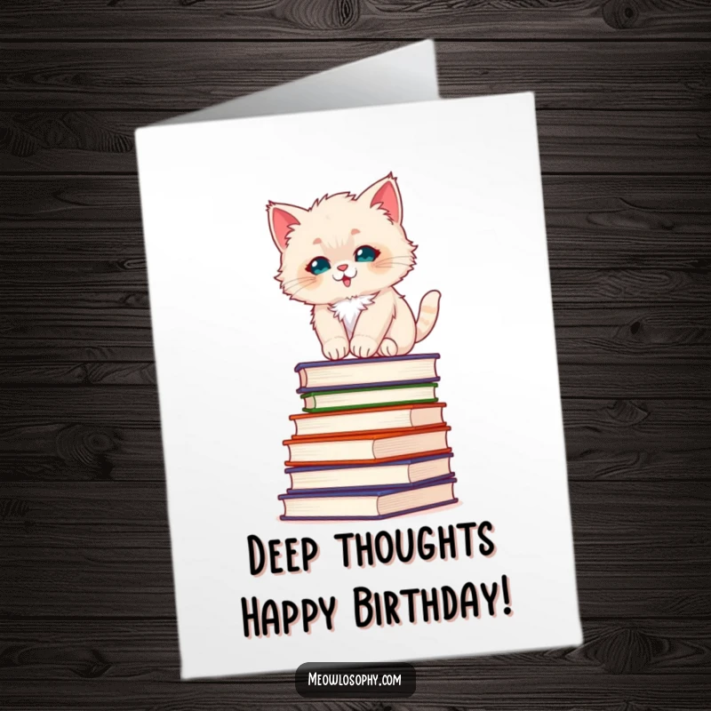 Funny Free Printable Birthday Card: A fluffy kitten balances uncertainly atop a tall stack of hefty philosophy books, pondering existence.