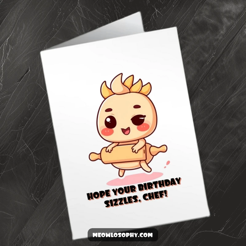 Funny Free Printable Birthday Card featuring a cute fajita filling character winking while riding a miniature rolling pin.