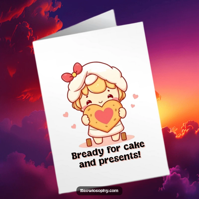 Funny Free Printable Birthday Card: Kawaii character joyfully bakes a small, heart-shaped bread loaf, perfect for birthday wishes.