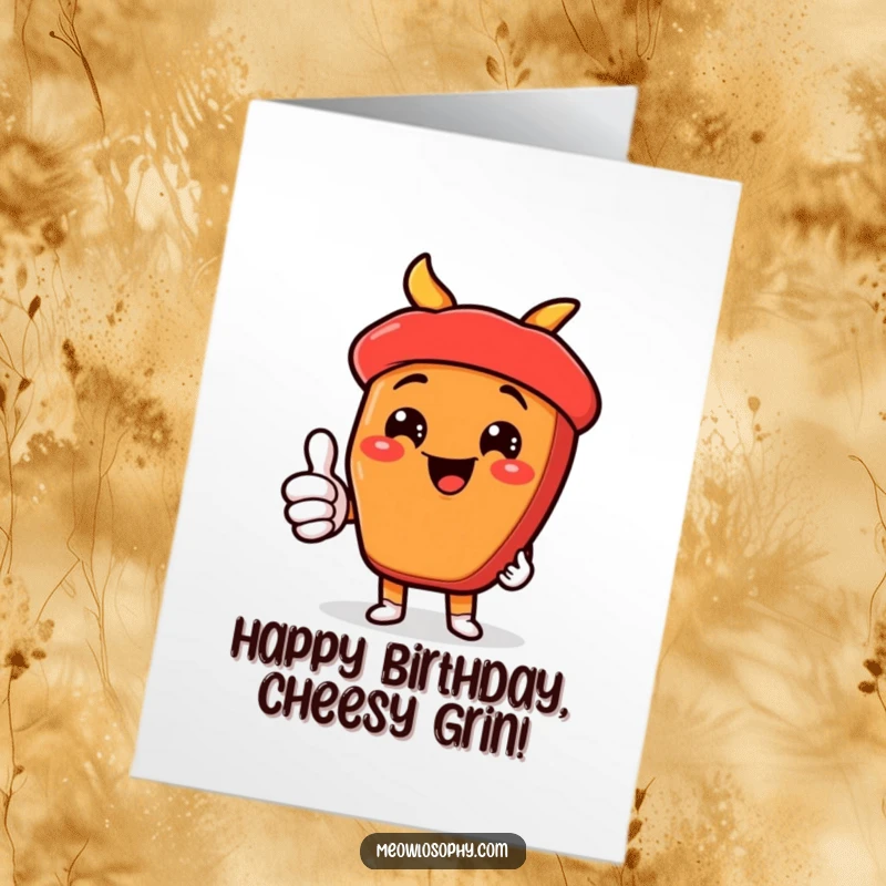 Funny Free Printable Birthday Card: Kawaii fajita ingredient character giving a thumbs-up with a cheesy grin, wishing happy birthday with downloadable fun.