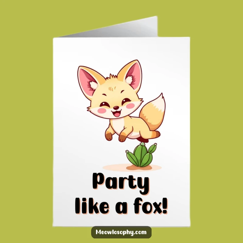 Free Printable Fennec Fox Birthday Card: Funny Bounce Leaping Cactus Downloadable Gift