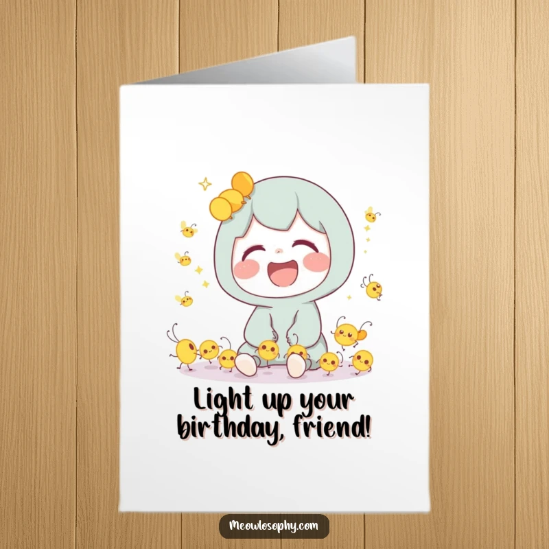 Funny Free Printable Birthday Card: Cute character sharing a hearty laugh with tiny, glowing, dancing fireflies.