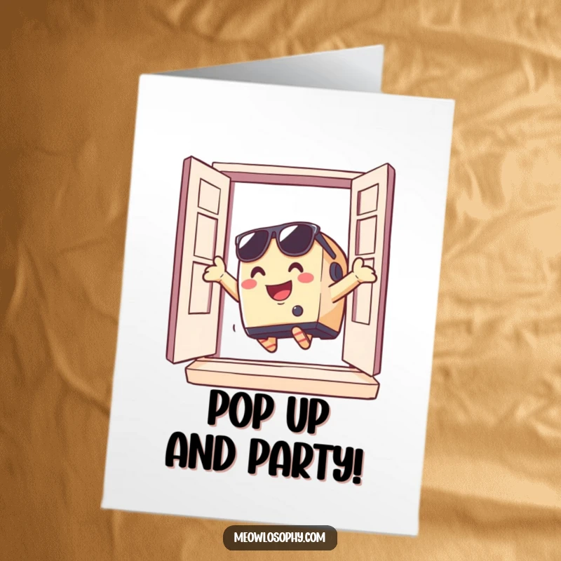 Funny Free Printable Birthday Card: A smiling toaster in sunglasses makes a dramatic leap out of a window, celebrating freedom and fun.