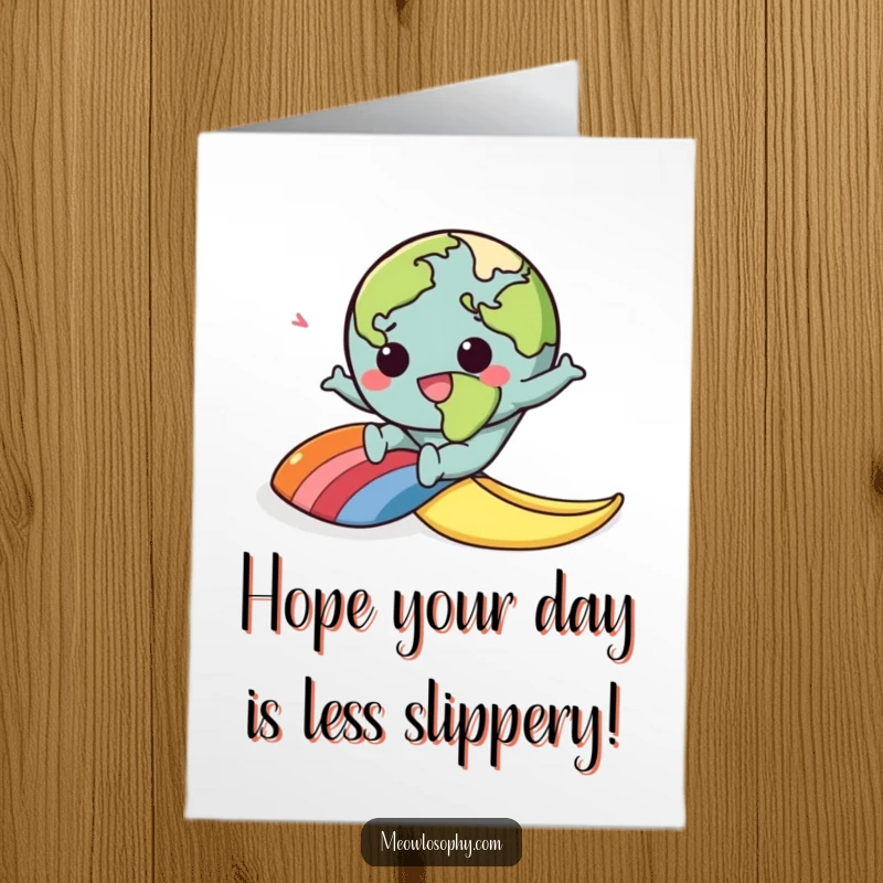 Funny Free Printable Birthday Card: Kawaii Earth character comically slipping on a vibrant rainbow banana peel, mid-fall.