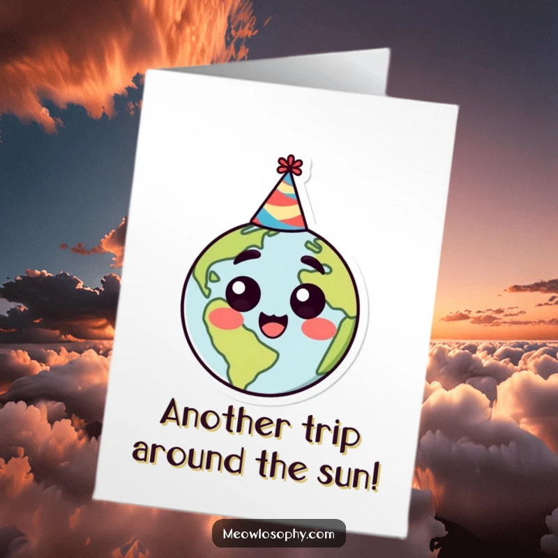 Funny Free Printable Birthday Card: Stylized Earth in party hat, surprised and happy, ready to celebrate.