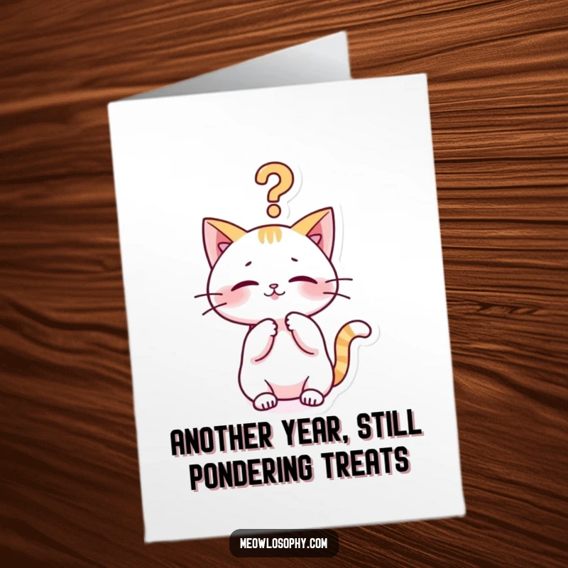 Funny Free Printable Kawaii Cat Birthday Card: A cute cat bats at a dangling question mark, celebrating a thoughtful birthday.