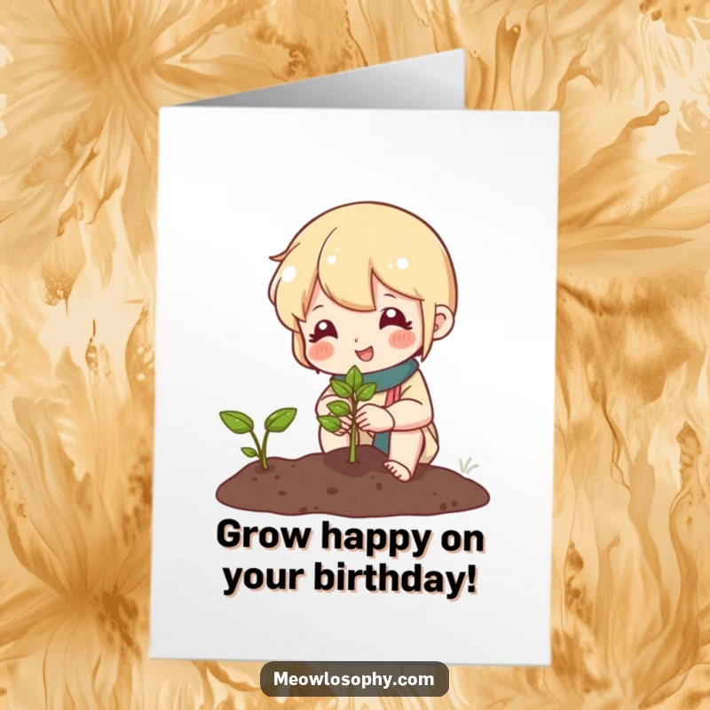 Free Printable Birthday Card: Cute character in a garden smiling at a tiny sprouting seed, with birthday wishes.