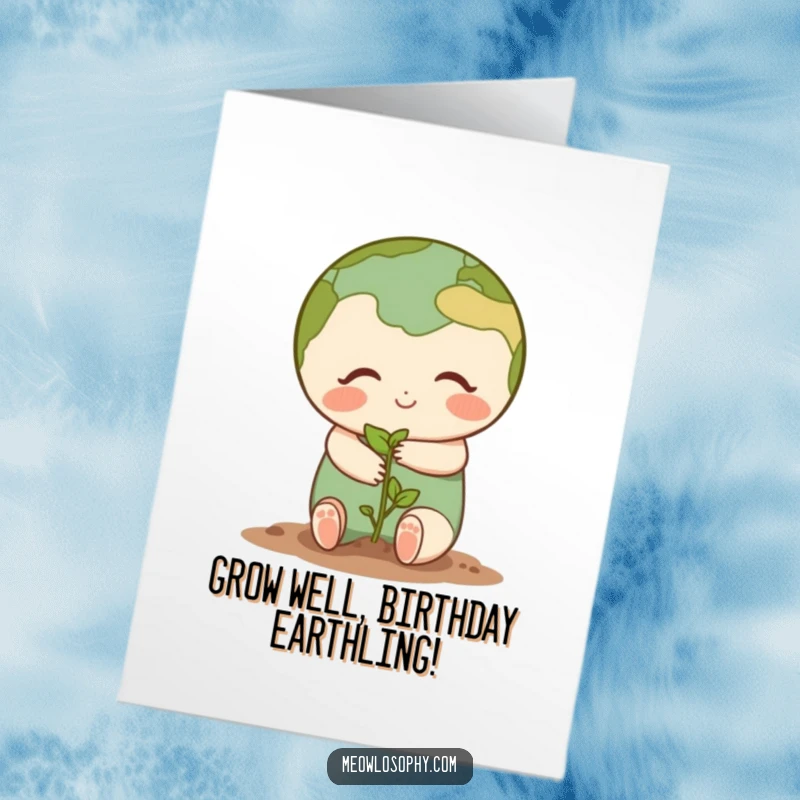 Funny Free Printable Birthday Card: A cute earth character gently hugs a small seedling. Sweet and endearing.