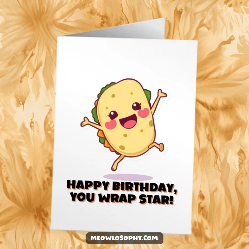 Funny Free Printable Birthday Card of a tortilla character performing a joyful cartwheel with a dramatic flourish.