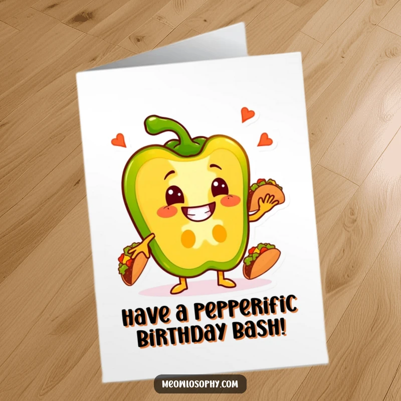 Funny Free Printable Birthday Card featuring a grinning bell pepper slice juggling tiny tacos with glee.