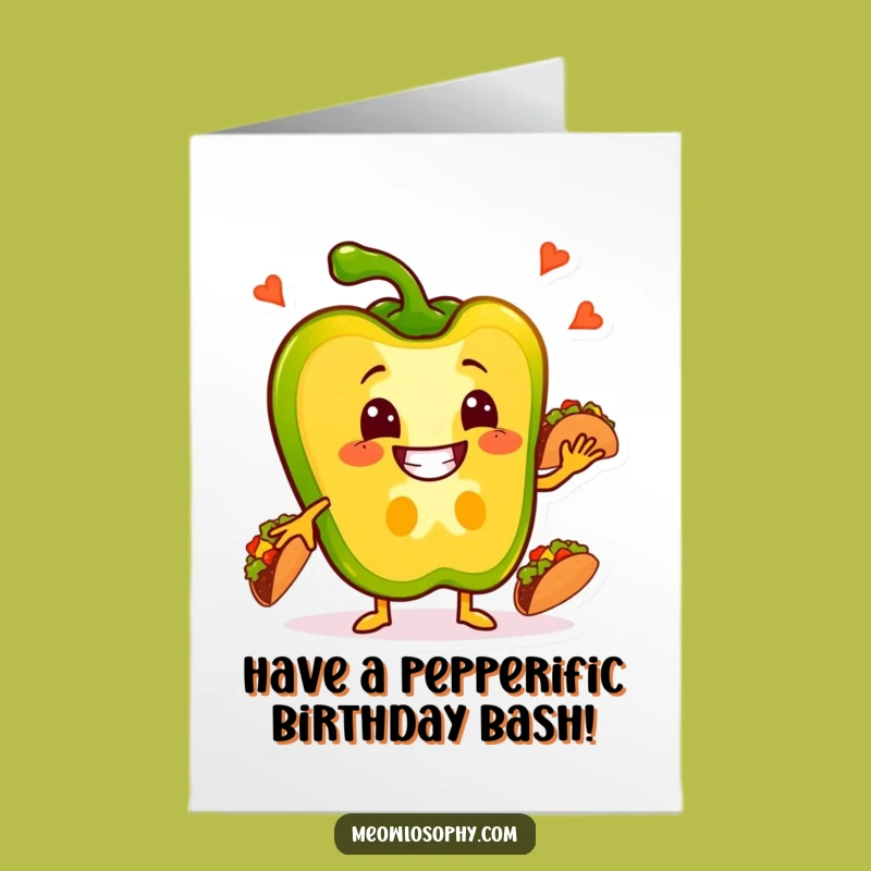 Free Printable Birthday Card: Taco Juggling Pepper, Hilarious Downloadable Gift for Foodies