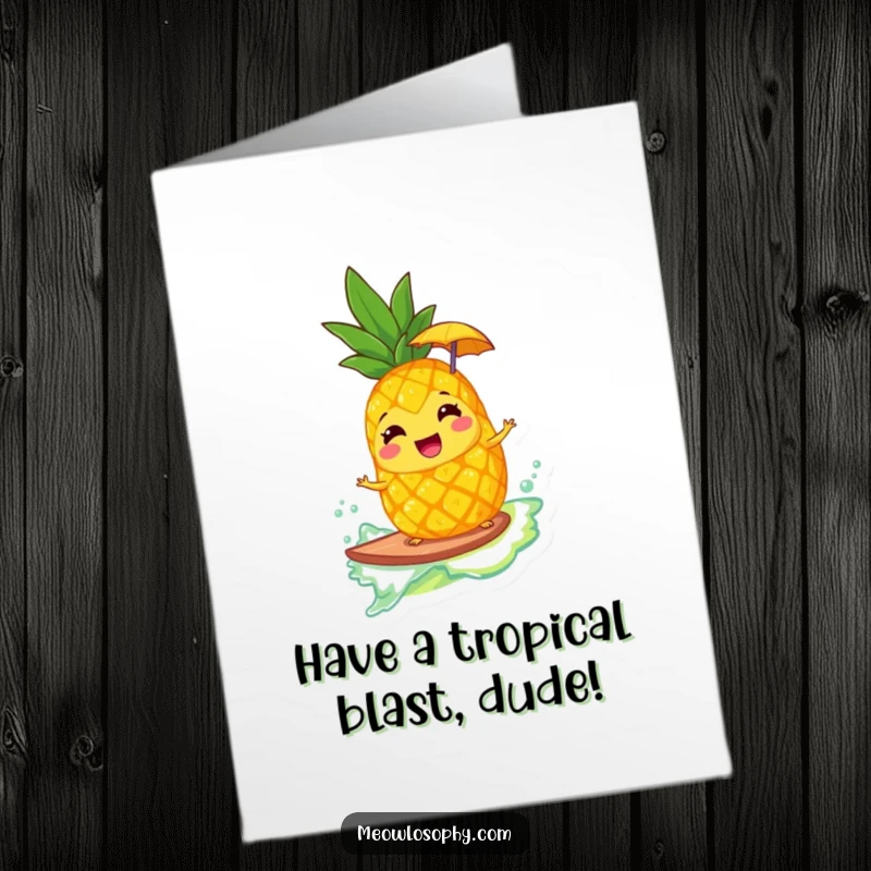 Funny Free Printable Birthday Card: A joyful pineapple with an umbrella surfs a lemonadewave with a huge grin.