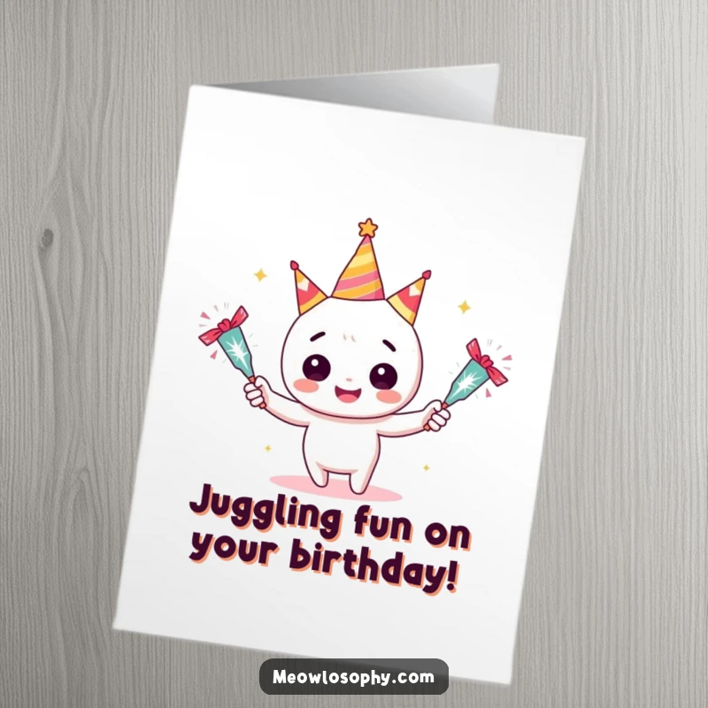 Funny free printable birthday card showing an adorable character grinning while skillfully juggling three sparkling party crackers.