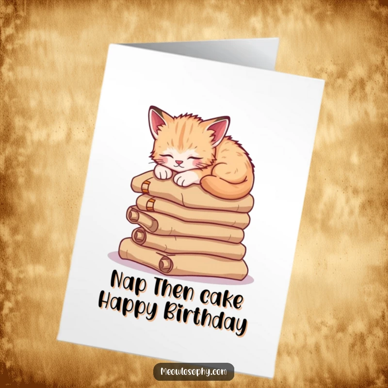 Funny Free Printable Birthday Card: A sleepy kitten is deeply napping on a tall stack of ancient, mysterious scrolls, radiating calm.