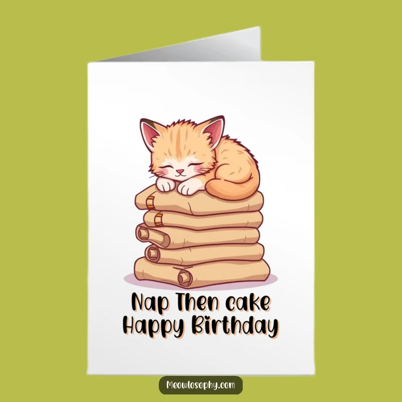 Free Printable Birthday Card: Sleepy Kitten, Ancient Scrolls, Funny DIY Downloadable Gift