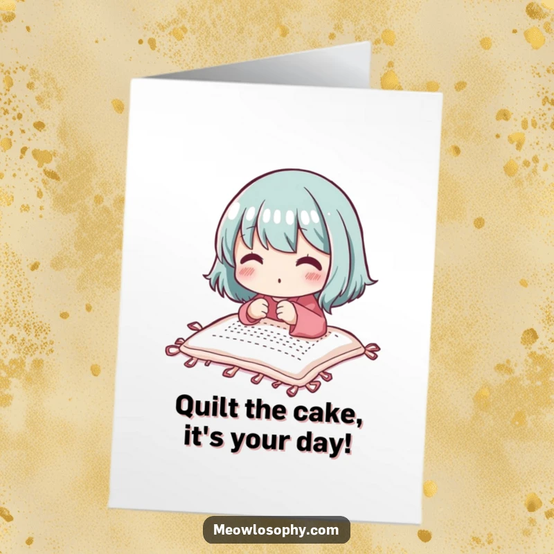 Funny Free Printable Birthday Card: Adorable character carefully stitching a small, colorful quilt with intense focus and joy.