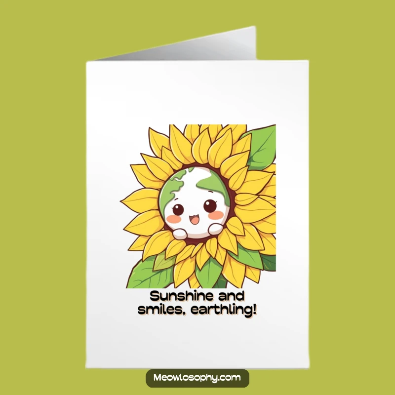 Free Printable Birthday Card: Kawaii Earth Peeking from Sunflower - Funny Downloadable Gift