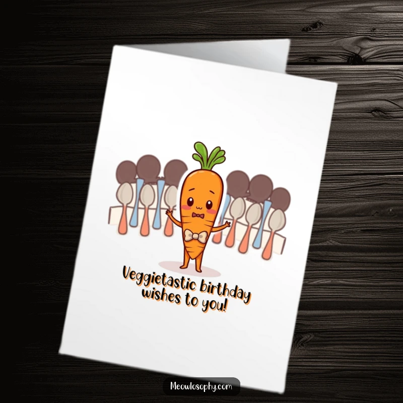 Funny Free Printable Birthday Card: A shy carrot in a bowtie conducts spoon music with a look of intense concentration.