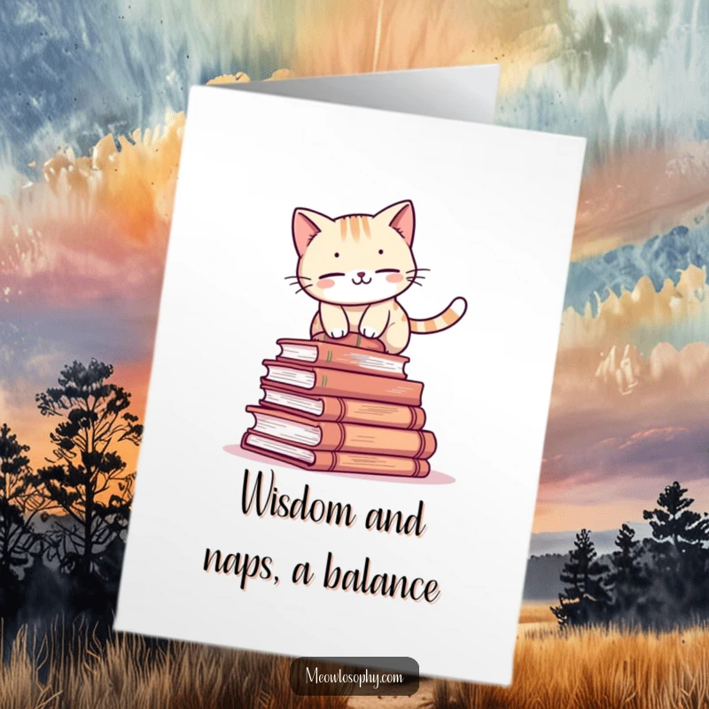 Funny Free Printable Book Cat Birthday Card: A cat balances on books, wishing happy birthday with studious charm.