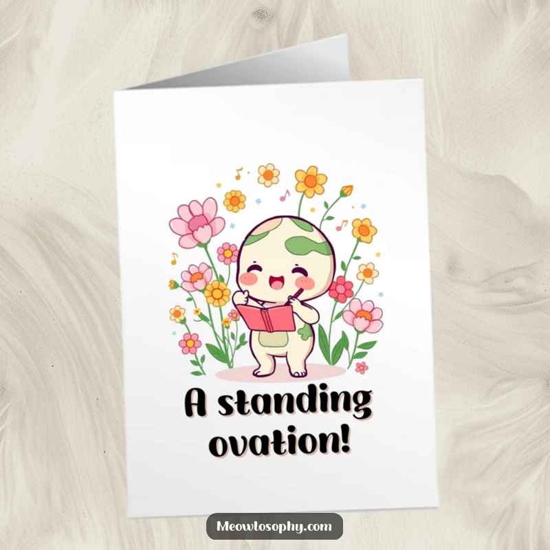 Funny Free Printable Congratulations Card: Cute Earth character conducting a symphony of blooming flowers with enthusiasm.