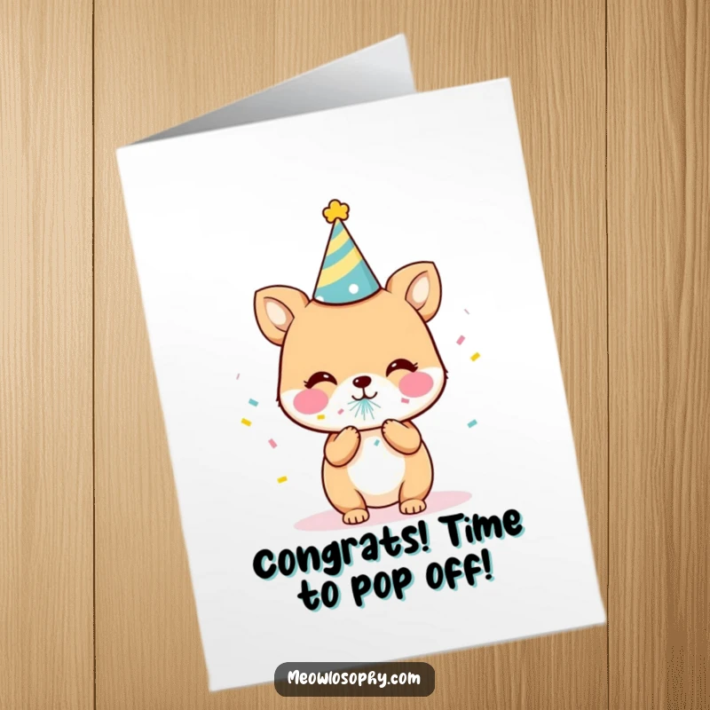 Funny free printable congratulations card showing a cute animal in a party hat, releasing a shower of confetti.