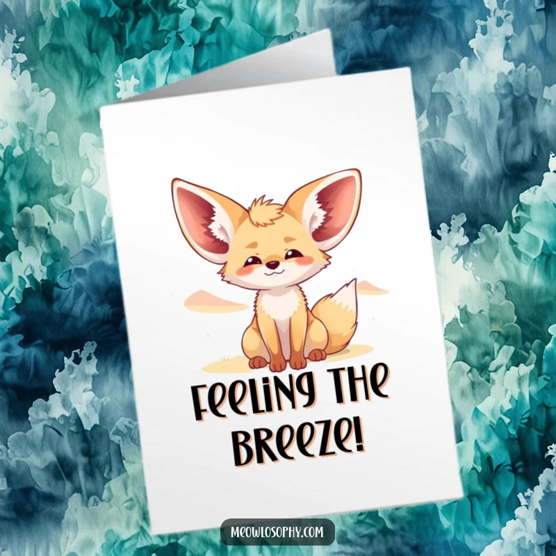 Funny Free Printable Fennec Fox Congrats Card: Cute fox with ears wide, enjoying a desert breeze. Relaxed downloadable art.