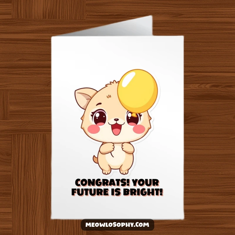 Funny free printable congratulations card showing an excited animal clutching a vibrant, colorful balloon with wide eyes.