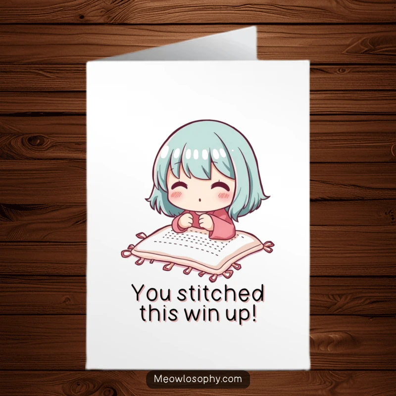 Funny Free Printable Congratulations Card: Cute character diligently stitching a small quilt, signifying the completion of a project.