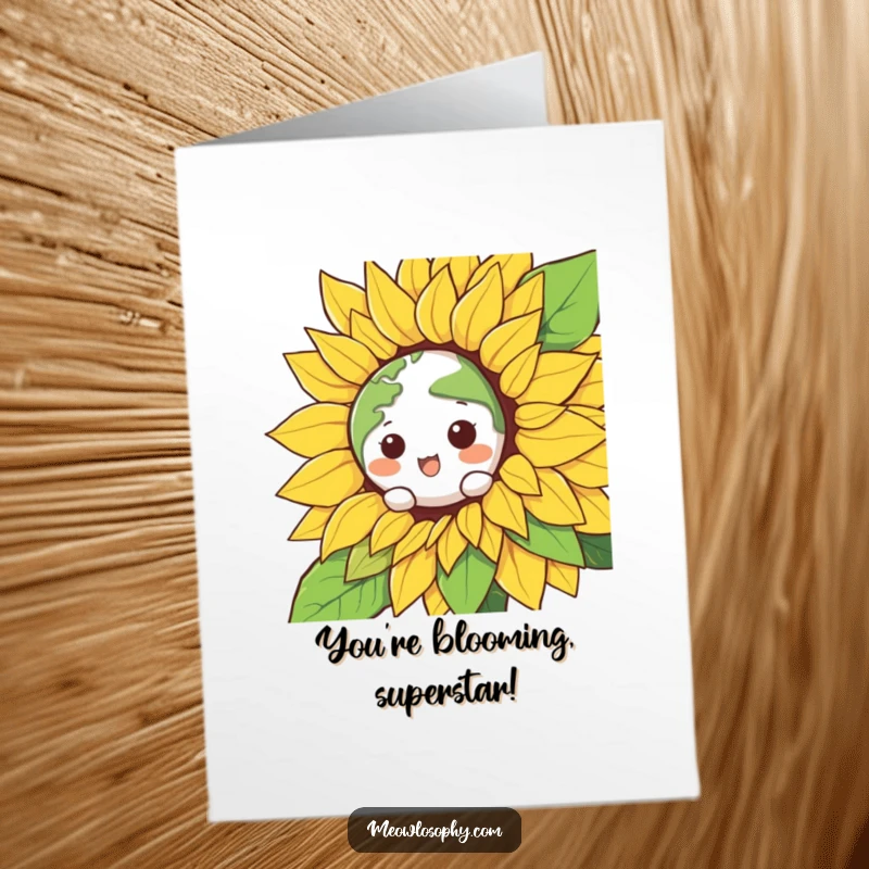 Funny Free Printable Congrats Card: A kawaii earth character peeks from a giant smiling sunflower, offering congratulations. Cheerful and humorous.