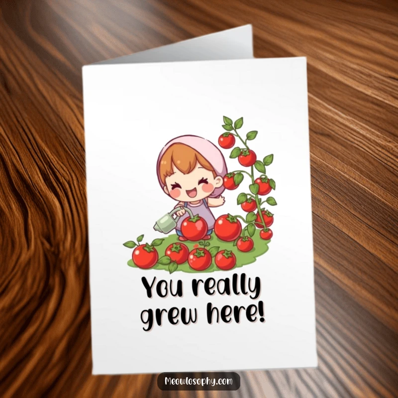Funny Free Printable Congrats Card: Joyful character watering plump, red tomatoes, celebrating growth with downloadable cheer.