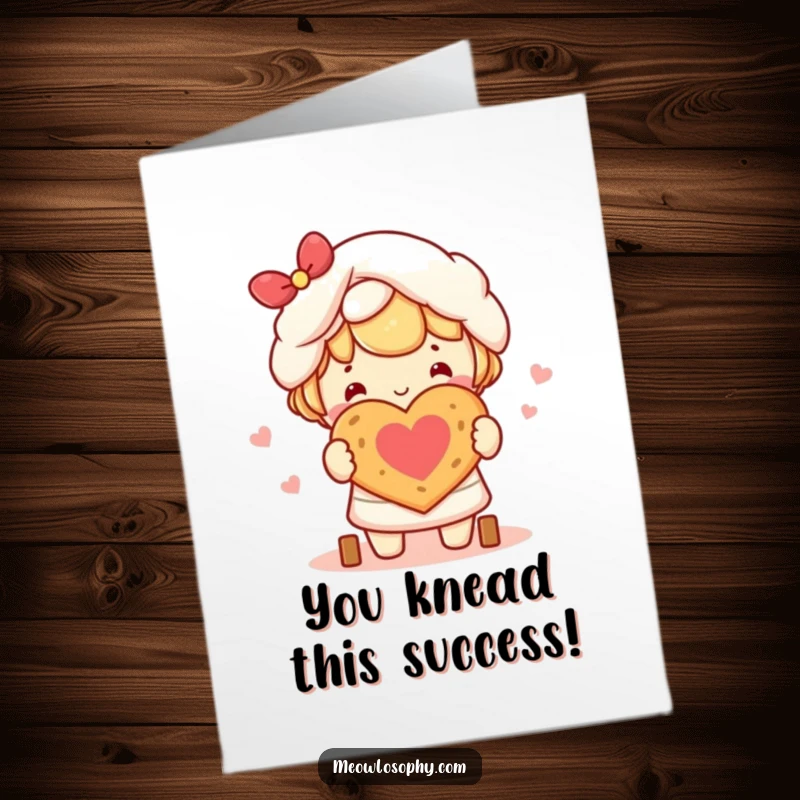 Funny Free Printable Congratulations Card: Cute kawaii character proudly presents a small, heart-shaped loaf of bread, celebrating success.