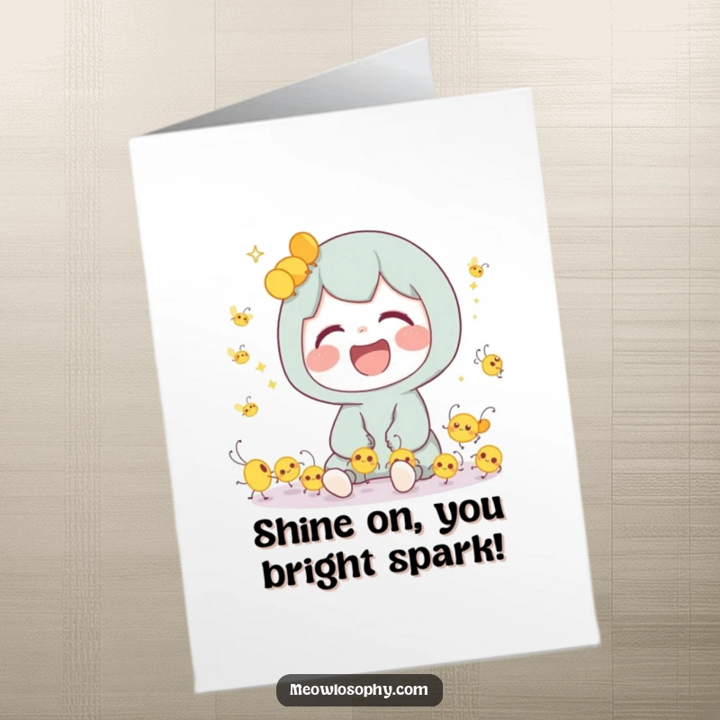 Joyful Free Printable Congratulations Card: Cute character laughing heartily with a group of tiny, dancing, luminous fireflies.