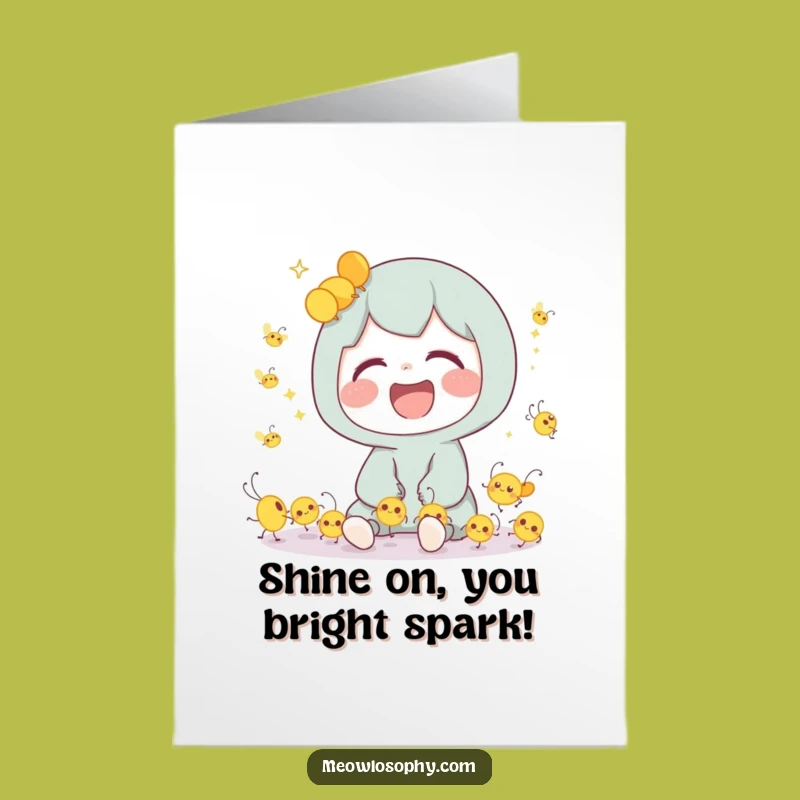 Free Printable Congrats Card: Laughing Character & Fireflies - Cheerful Downloadable Gift!