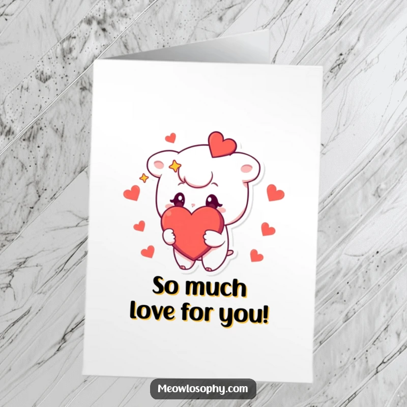 Funny Free Printable Congratulations Card: a character with sparkling eyes and a huge red heart, celebrating achievement.