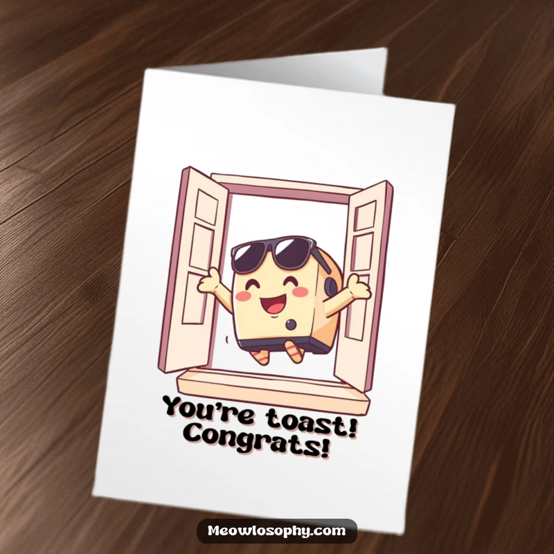 Funny Free Printable Congratulations Card: A smiling toaster with sunglasses dramatically jumps out of a window, symbolizing a bold new venture.