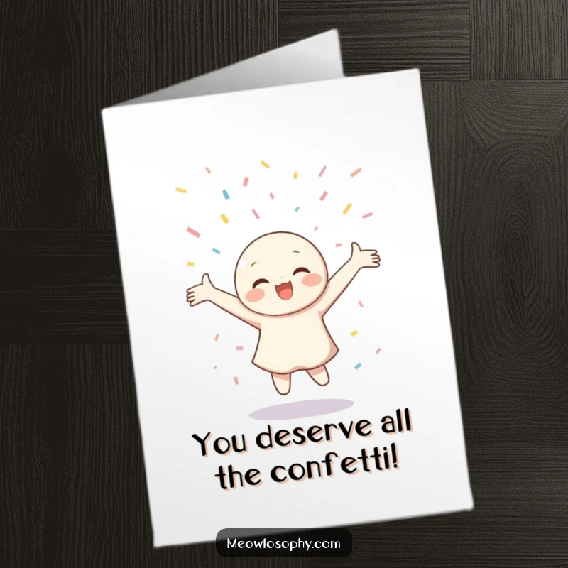 Joyful Free Printable Congratulations Card: Character celebrating with arms wide, twirling in a gentle confetti shower.