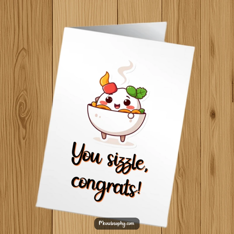 Funny Free Printable Congratulations Card: A cheerful fajita bowl character doing a happy wiggle, steam rising, celebrating success with downloadable zest.