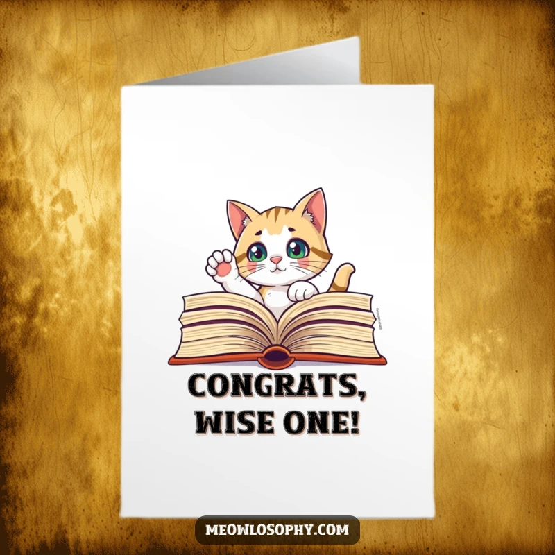 Funny Free Printable Congratulations Card: Curious cat thoughtfully peers from a giant book, celebrating a clever success.