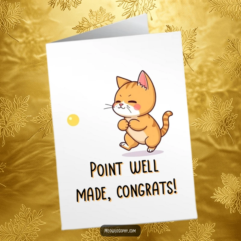 Funny Free Printable Congratulations Card: Ginger cat chases a philosophical laser symbol, representing a moment of profound realization.