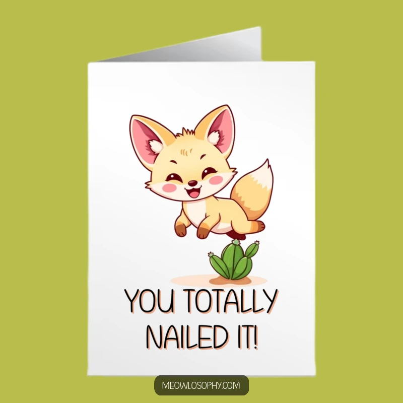 Free Printable Fennec Fox Congrats Card: Funny Leap Cactus Downloadable Gift