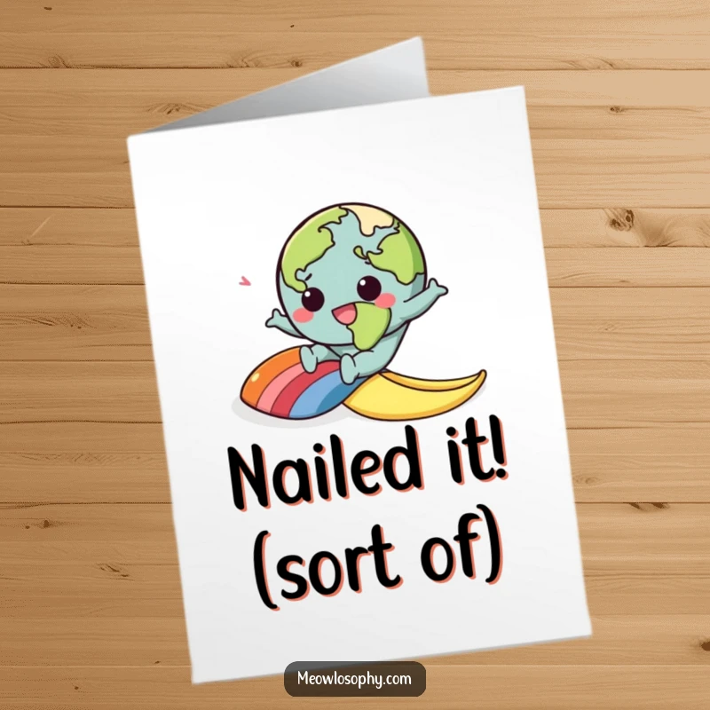 Funny Free Printable Congratulations Card: Kawaii Earth character comically slipping on a bright rainbow banana peel, looking surprised.