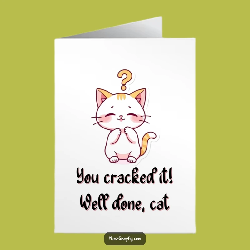 Free Printable Kawaii Cat Congrats Card: Philosophical Kitty Question Mark Downloadable