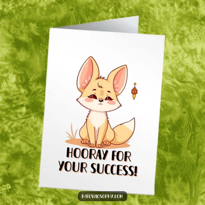 Funny Free Printable Kawaii Fennec Fox Congratulations Card: A kawaii fox with perked ears listens for celebratory chimes.