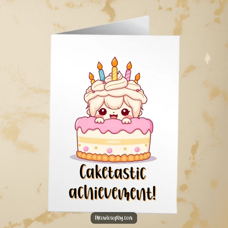 Funny Free Printable Congratulations Card of a character peeking gleefully from behind a giant cake, downloadable.